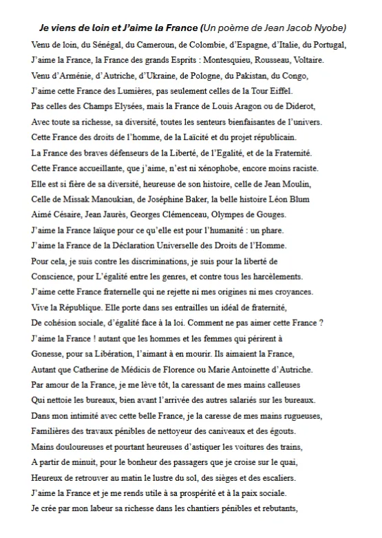 poème J'AIME LA FRANCE ET JE VIENS DE LOIN